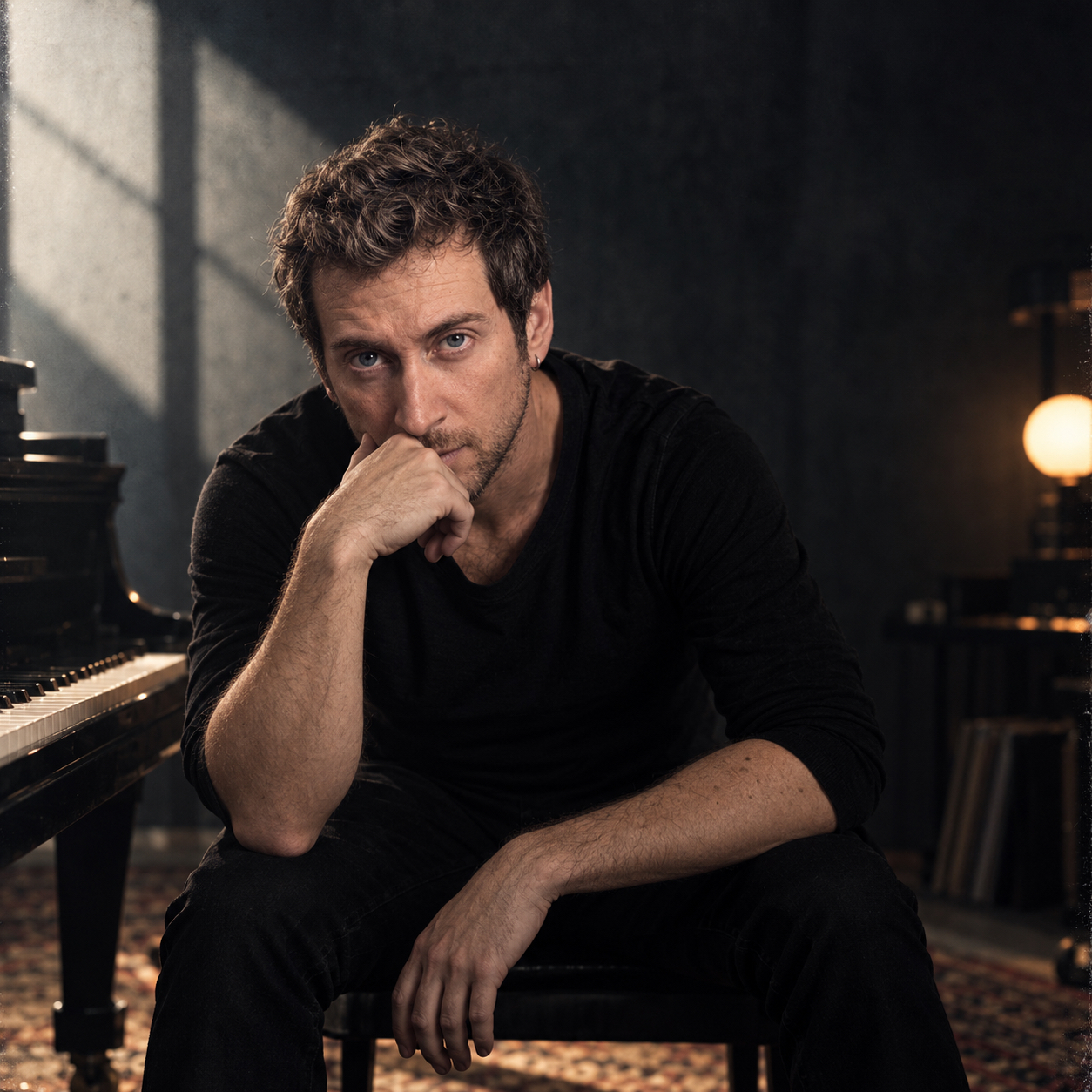 Adi Goldstein seated beside a grand piano